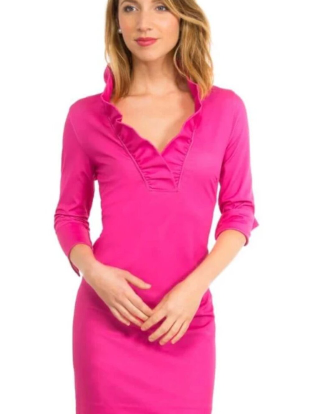 Gretchen Scott Ruffneck Jersey Sheath Dress Hot Pink Preppy Old Money Rush Sz M